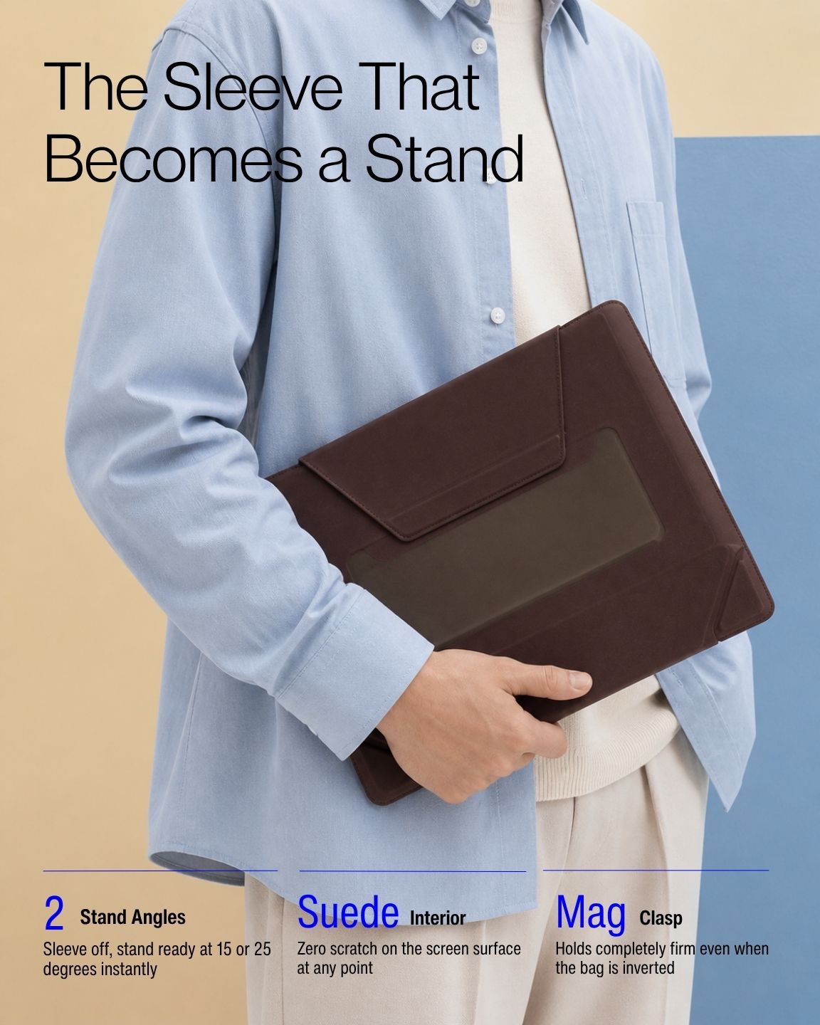 Keenii laptop sleeve stand supporting laptop in mobile workspace scene