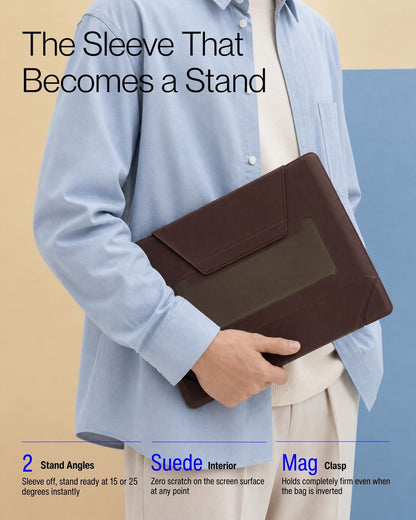 Keenii laptop sleeve stand supporting laptop in mobile workspace scene