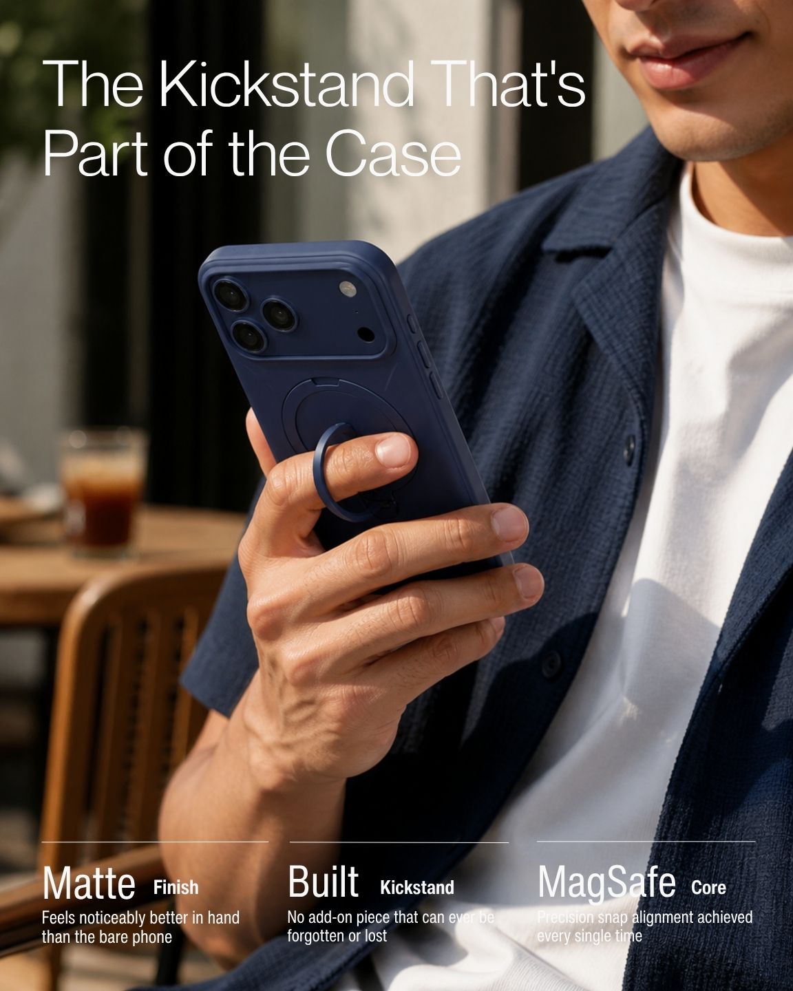 Keenii iPhone case displayed with integrated kickstand in use