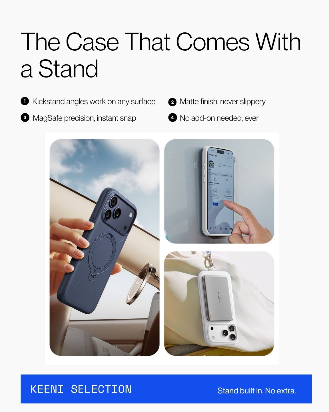 Keenii iPhone case demonstrating hands-free viewing function