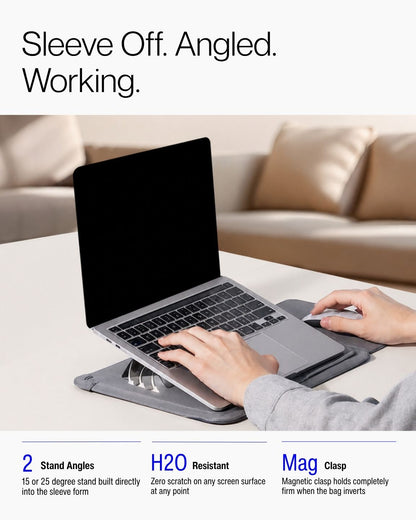 Keenii laptop sleeve stand supporting comfortable café workstation setup