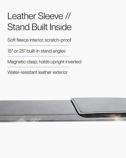Keenii laptop sleeve stand showing leather exterior and stand construction