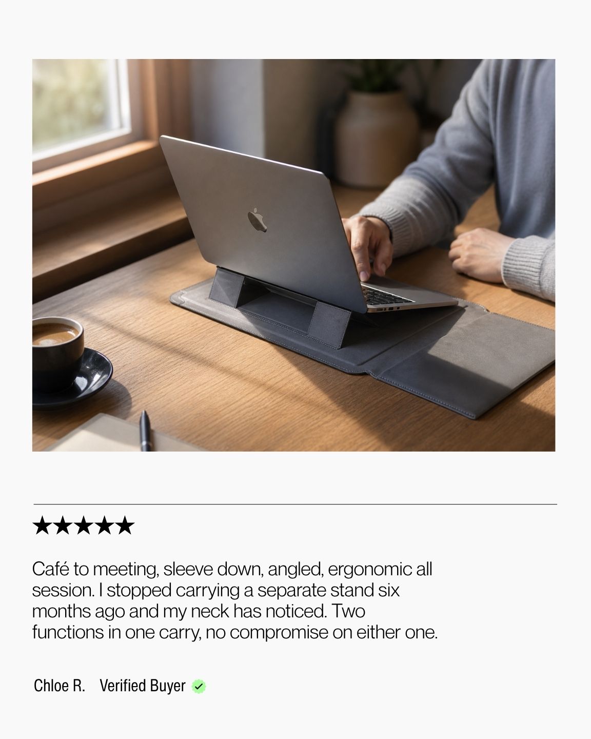 Keenii laptop sleeve stand used between meetings and café sessions