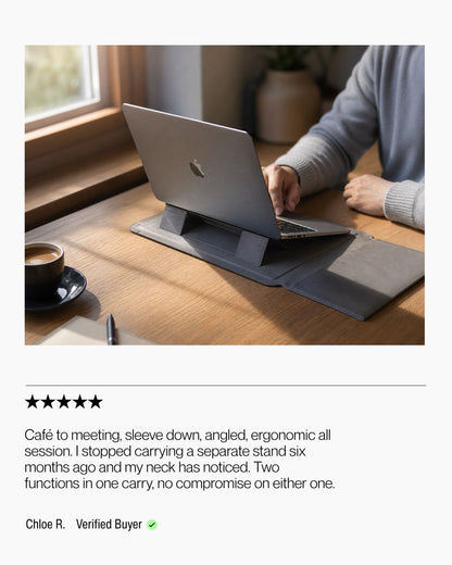 Keenii laptop sleeve stand used between meetings and café sessions