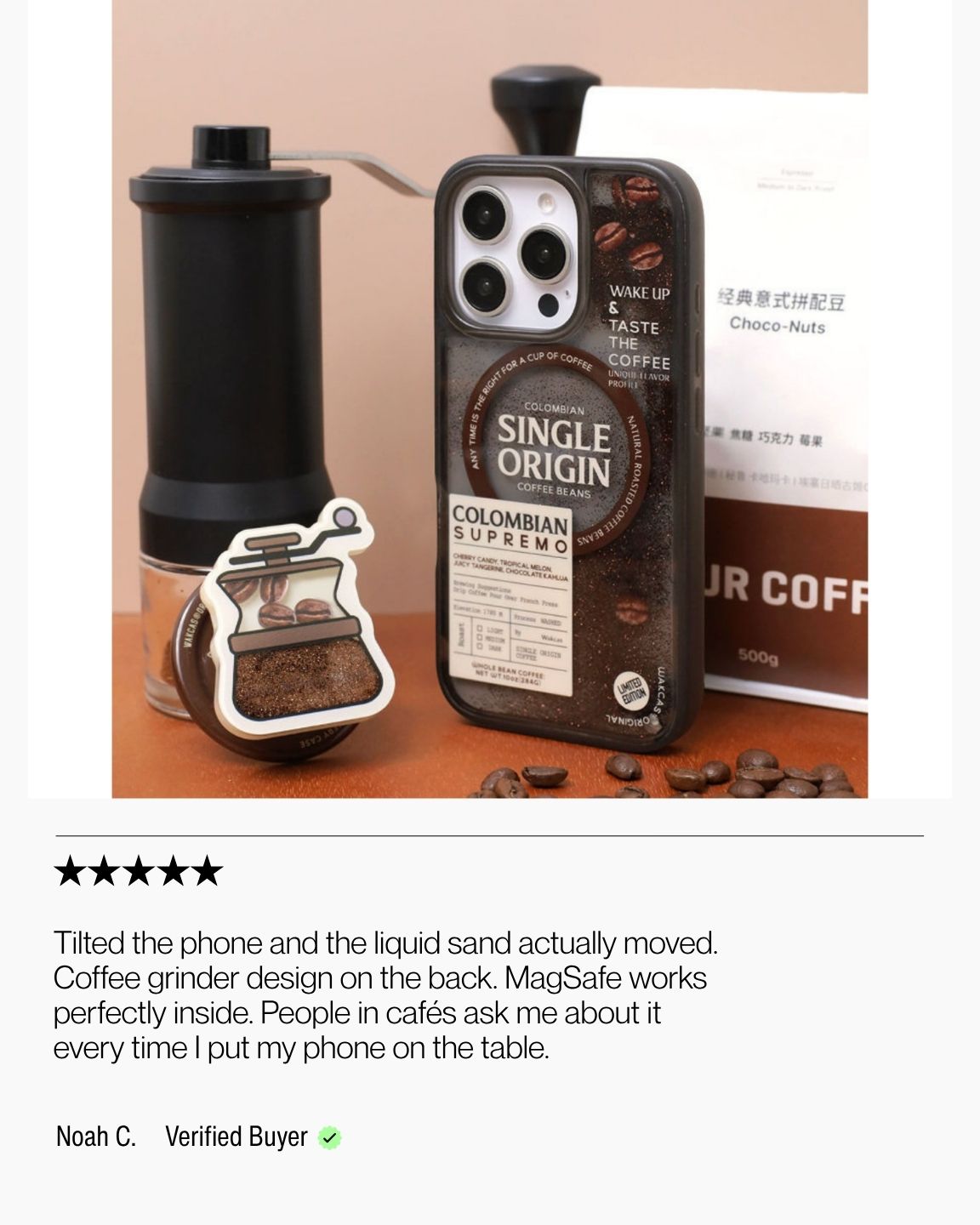 Keenii coffee themed iPhone case displayed in café environment