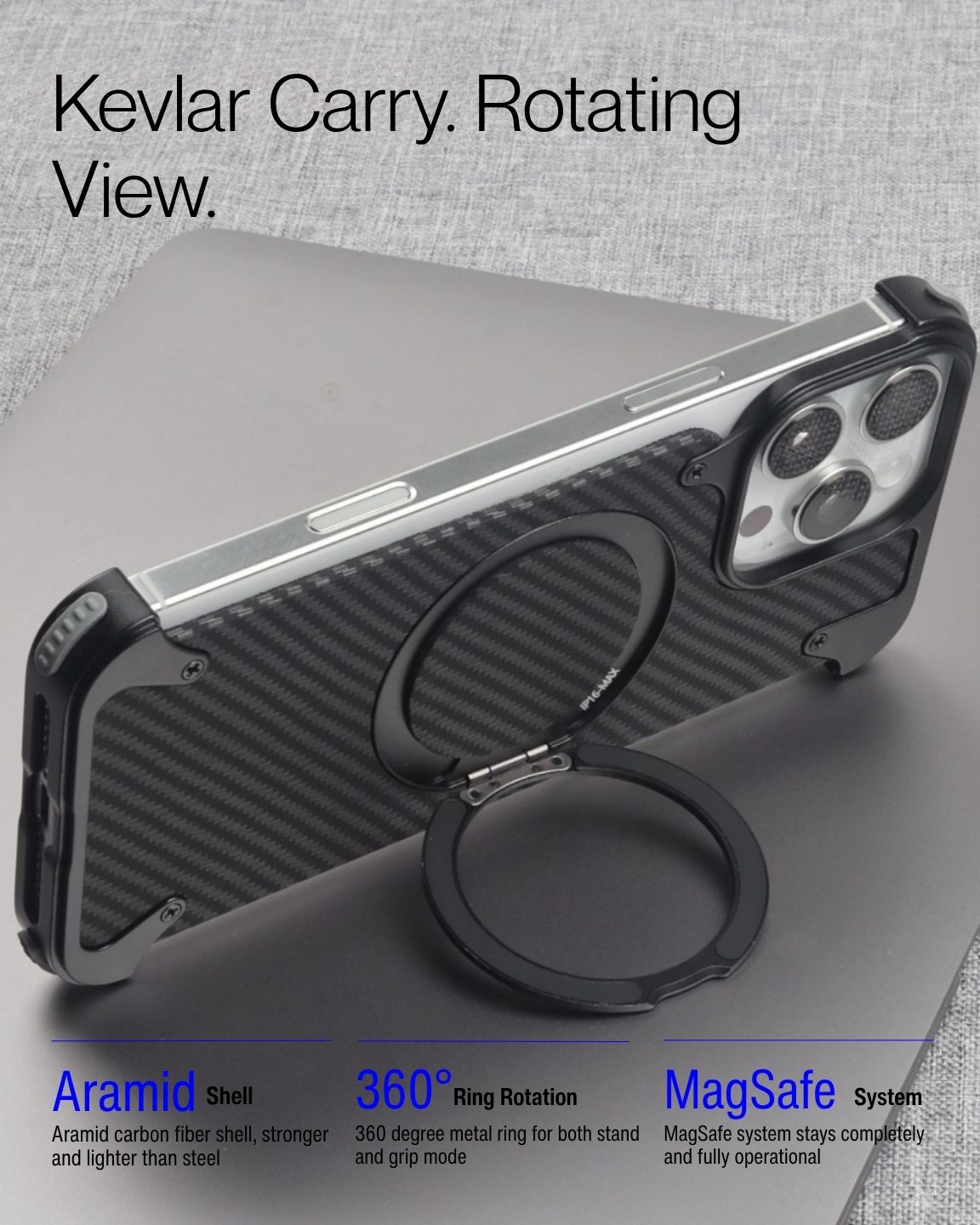 Keenii iPhone case displayed with rotating stand usage scene