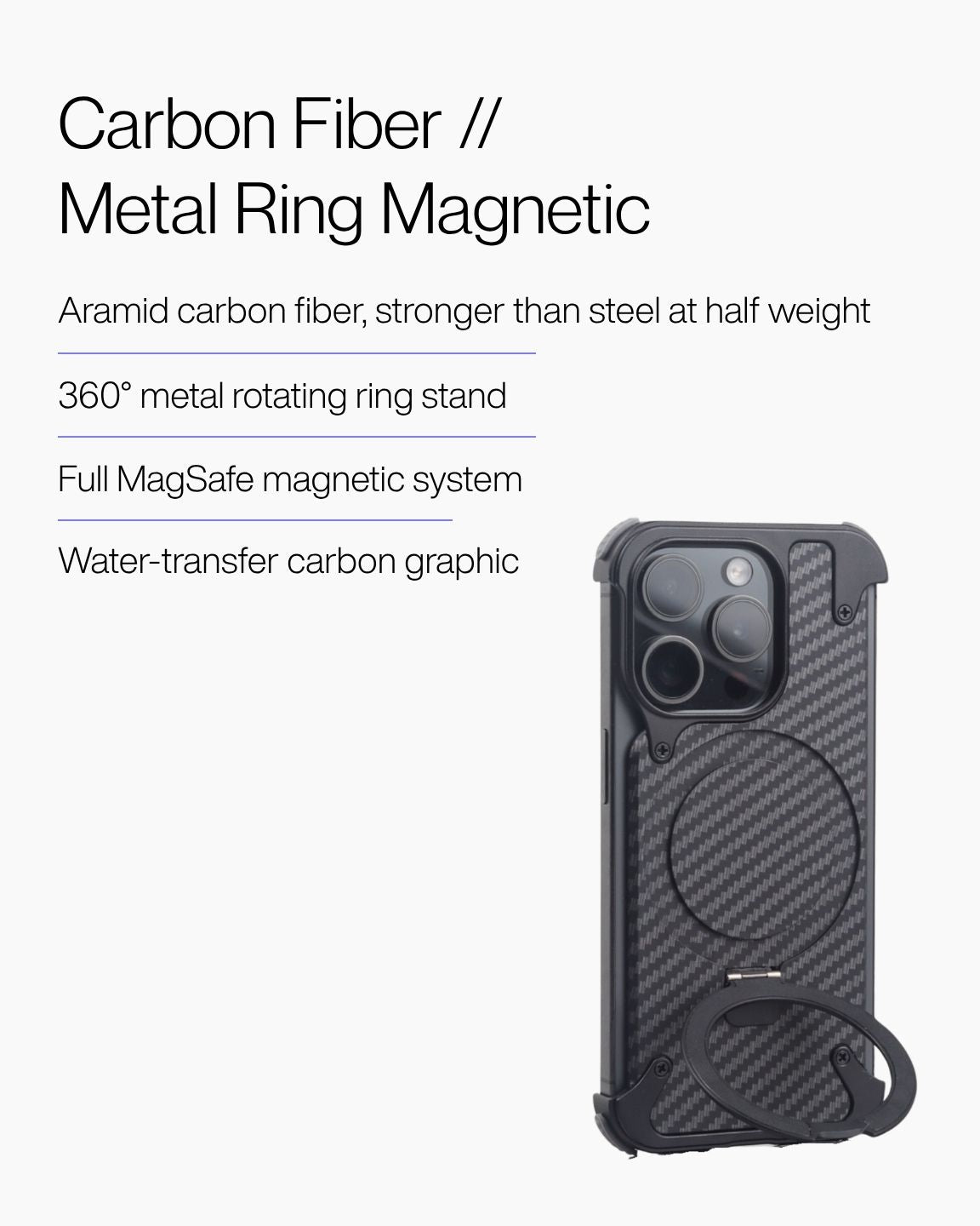 Keenii iPhone case showing carbon fiber and metal ring
