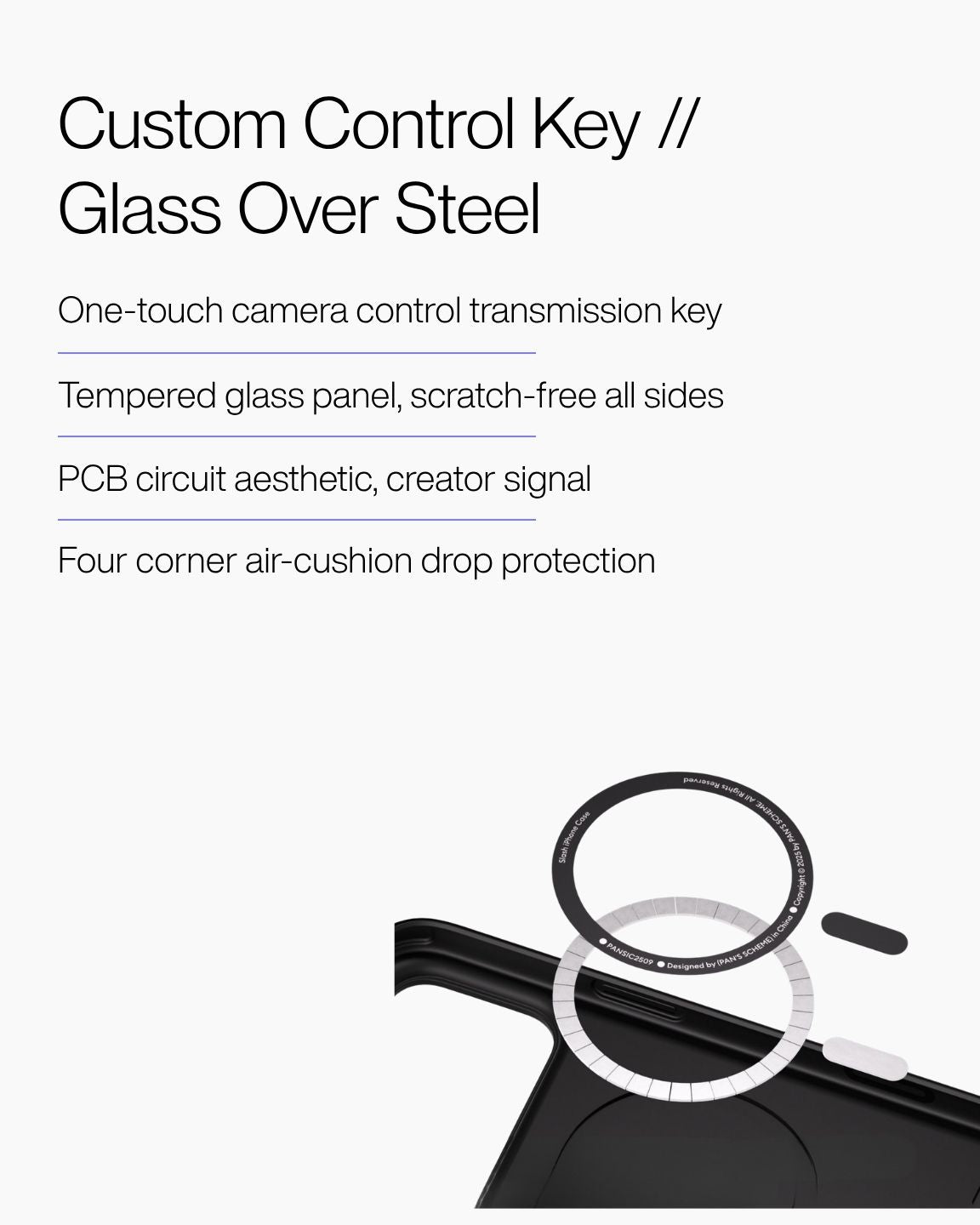 Keenii iPhone Case close up featuring custom control key  and  glass over steel details