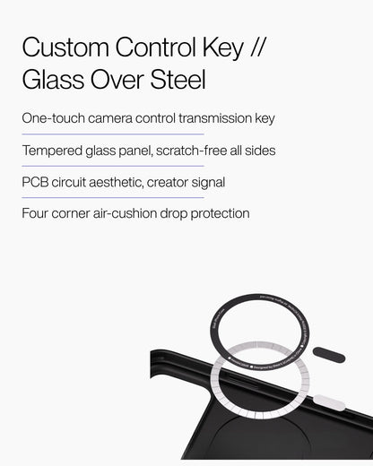 Keenii iPhone Case close up featuring custom control key  and  glass over steel details