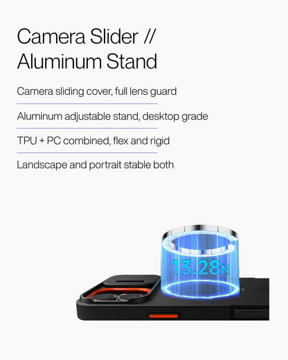 Keenii iPhone Case close up featuring camera slider  and  aluminum stand details