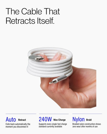 Keenii magnetic cable shown retracting into a compact desk ready coil