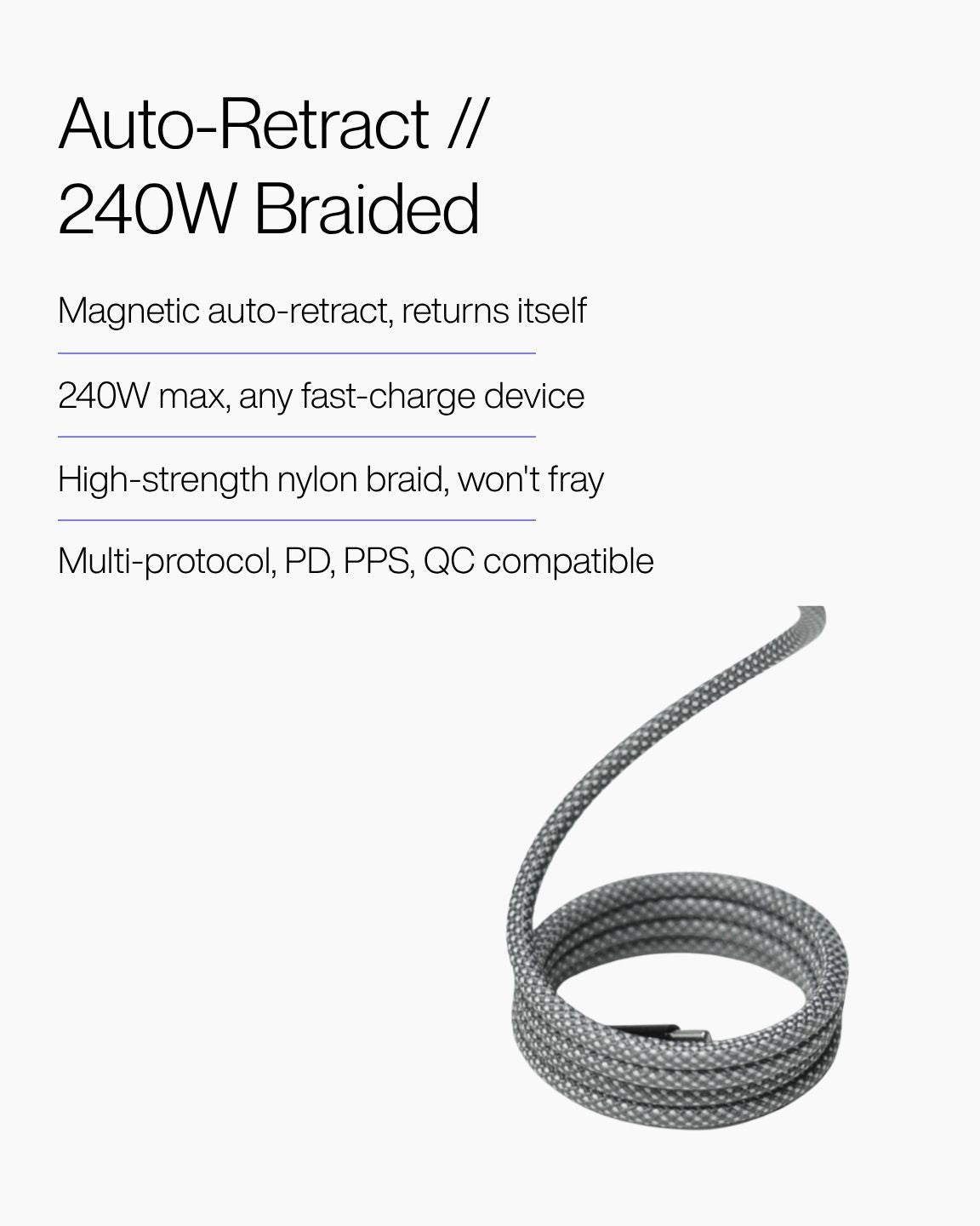 Keenii magnetic cable close detail with braided body and auto retract shape