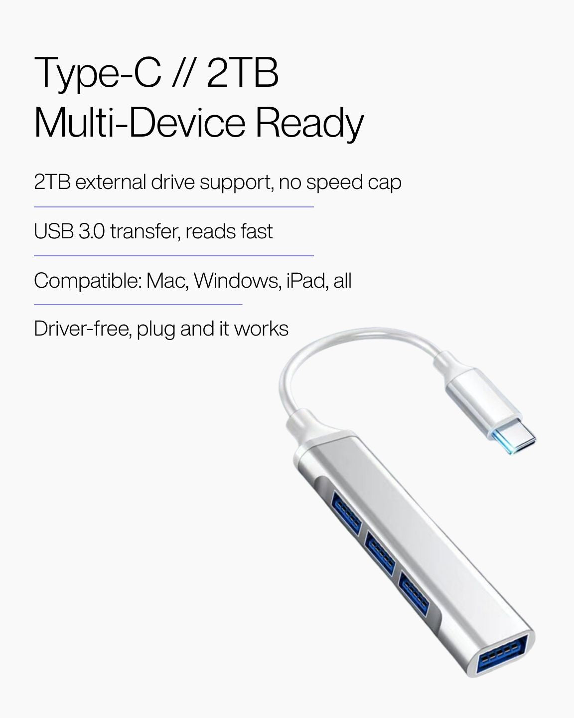 Keenii USB hub close detail with Type C plug and multi device ports