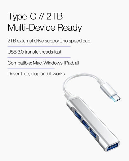 Keenii USB hub close detail with Type C plug and multi device ports