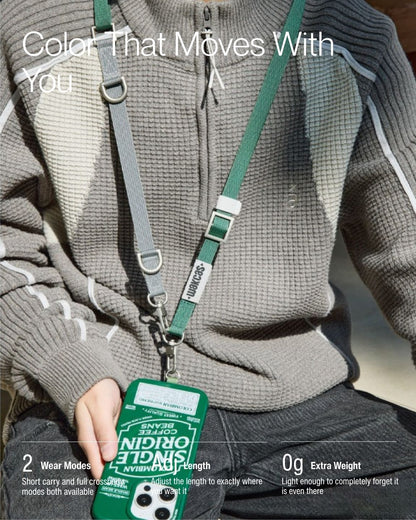 Keenii phone lanyard shown in adjustable short carry and crossbody modes