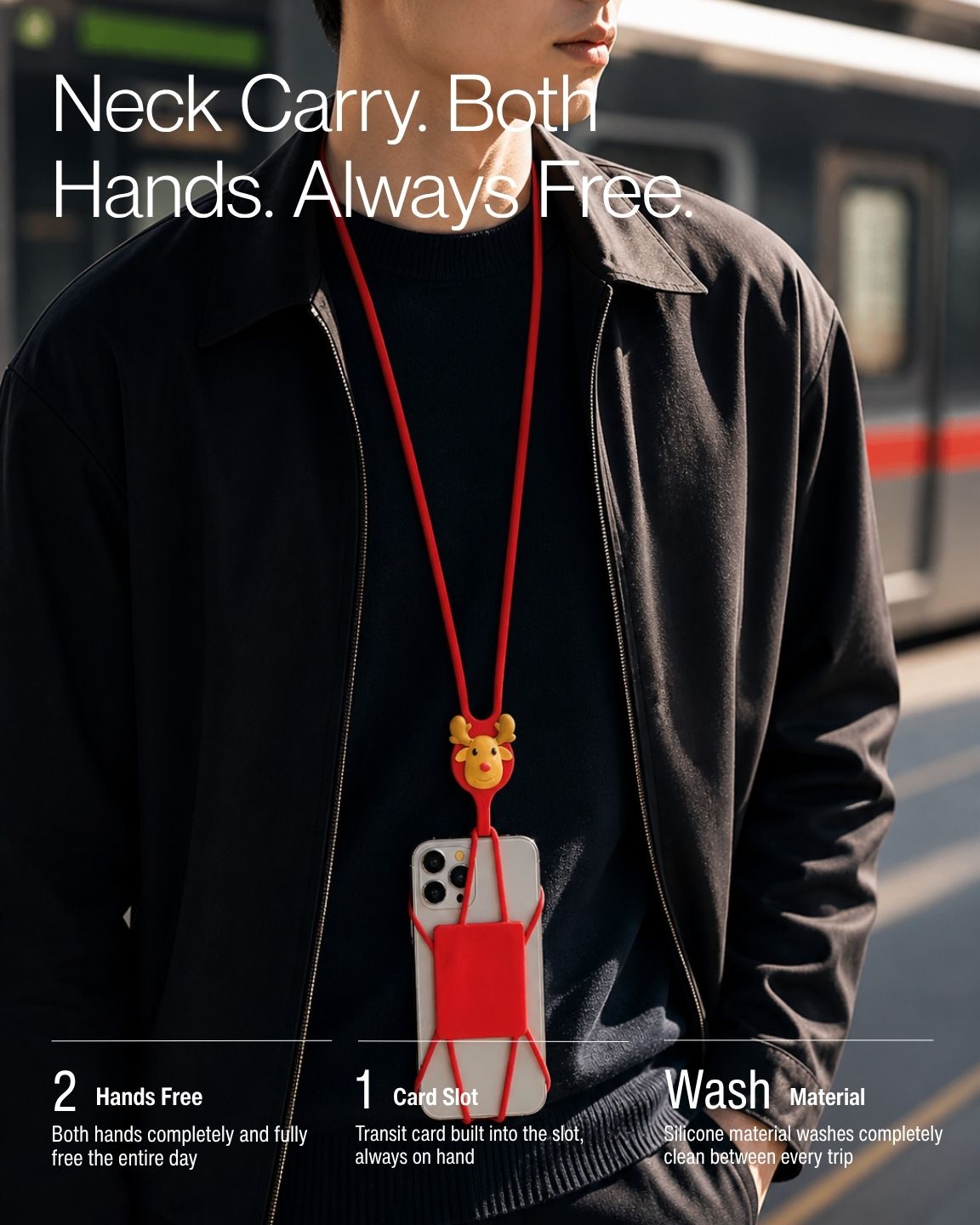 Keenii phone lanyard shown with neck carry and built in card slot