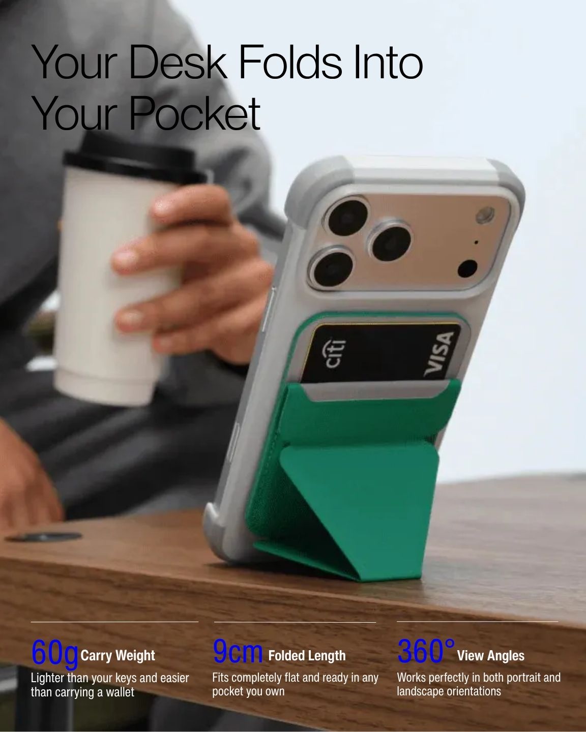 Keenii MagSafe stand wallet shown folding into a pocket desk setup