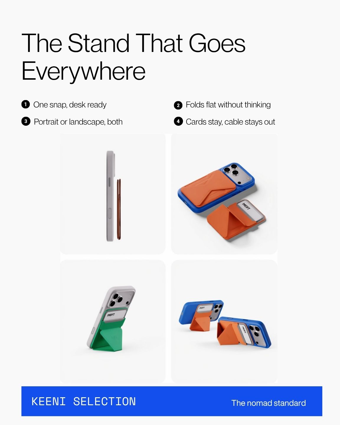 Keenii MagSafe stand wallet demonstrating desk ready stand and card carry