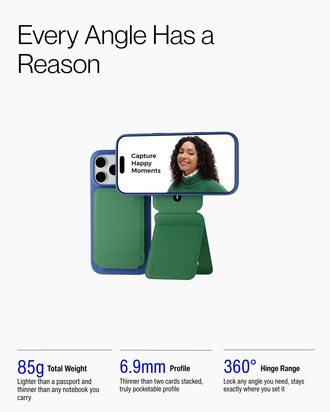 Keenii MagSafe mount shown adjusting angles for travel desk viewing