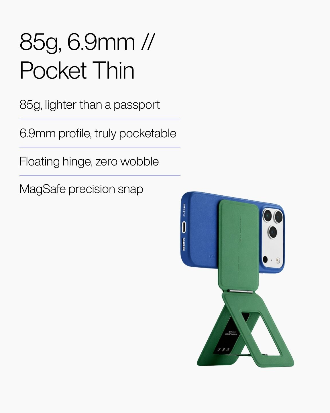 Keenii MagSafe mount thin side profile with floating hinge detail