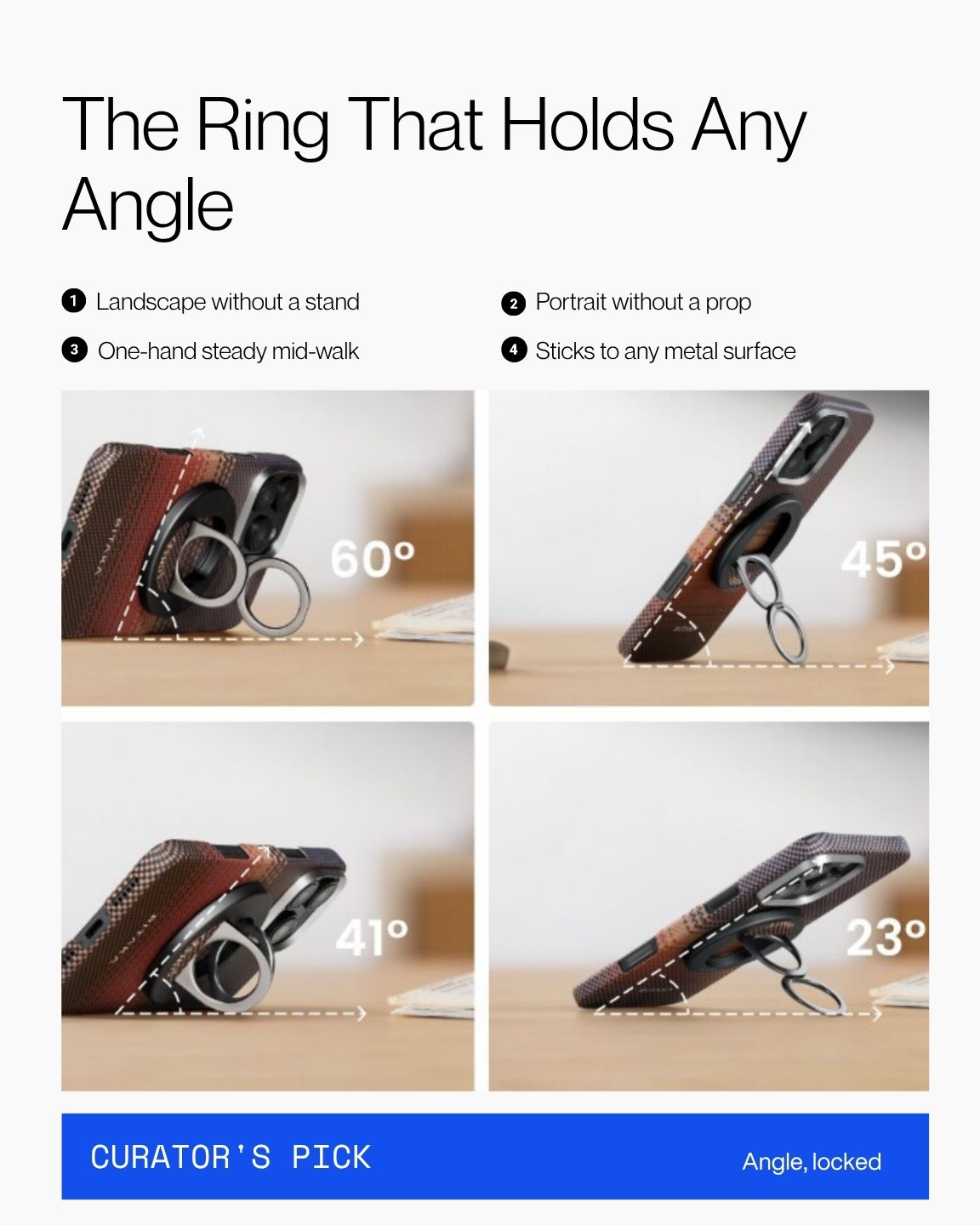 Keenii MagSafe mount demonstrating angled ring support for phone viewing