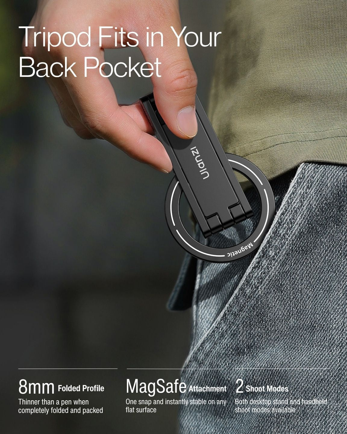 Keenii MagSafe mount shown as pocket tripod for flat surface use