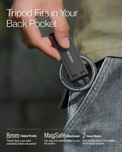 Keenii MagSafe mount shown as pocket tripod for flat surface use