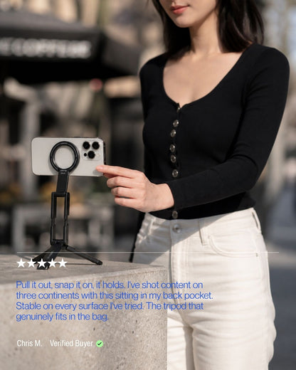 Keenii MagSafe mount in travel content setup with compact tripod form