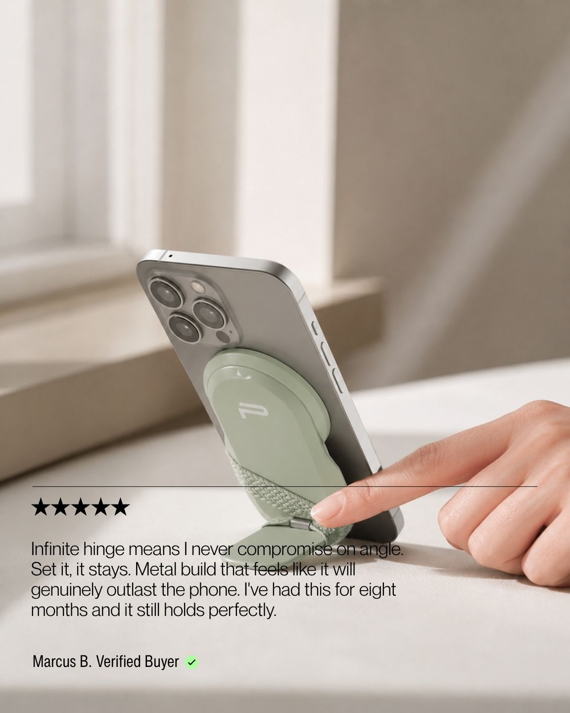 Keenii MagSafe mount in travel use with adjustable viewing angle