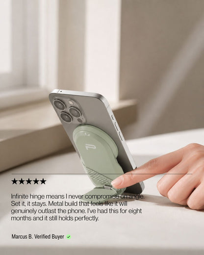Keenii MagSafe mount in travel use with adjustable viewing angle