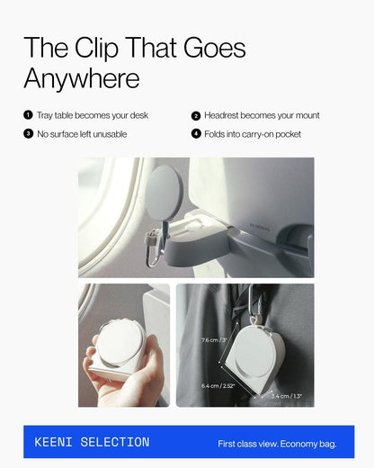 Keenii MagSafe mount demonstrating clip on use for tray table viewing