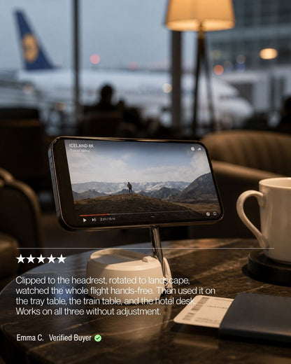 Keenii MagSafe mount in flight travel scene with clipped phone support