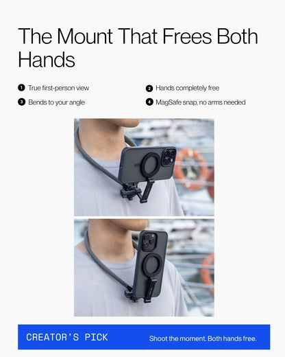 Keenii MagSafe mount demonstrating hands free filming with chest attachment