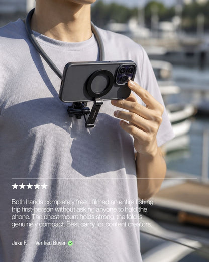 Keenii MagSafe mount in outdoor creator scene with compact chest setup