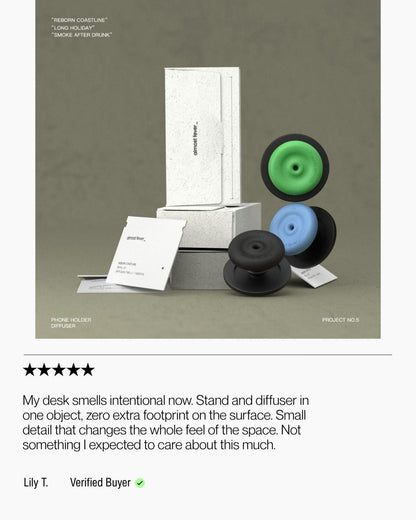 Keenii MagSafe mount in desk routine scene with compact scent stand
