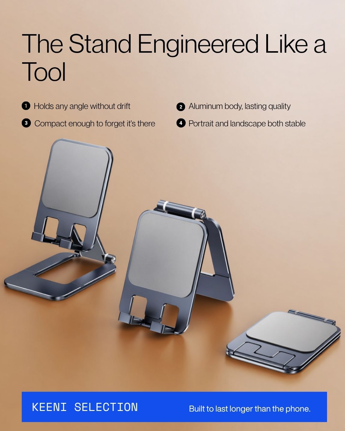 Keenii MagSafe mount demonstrating stable portrait and landscape stand positions