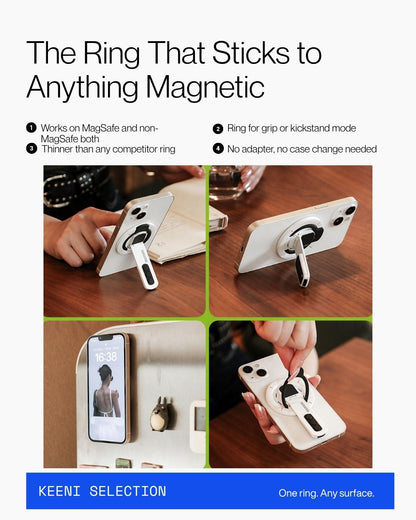 Keenii MagSafe mount demonstrating ring grip and magnetic kickstand use