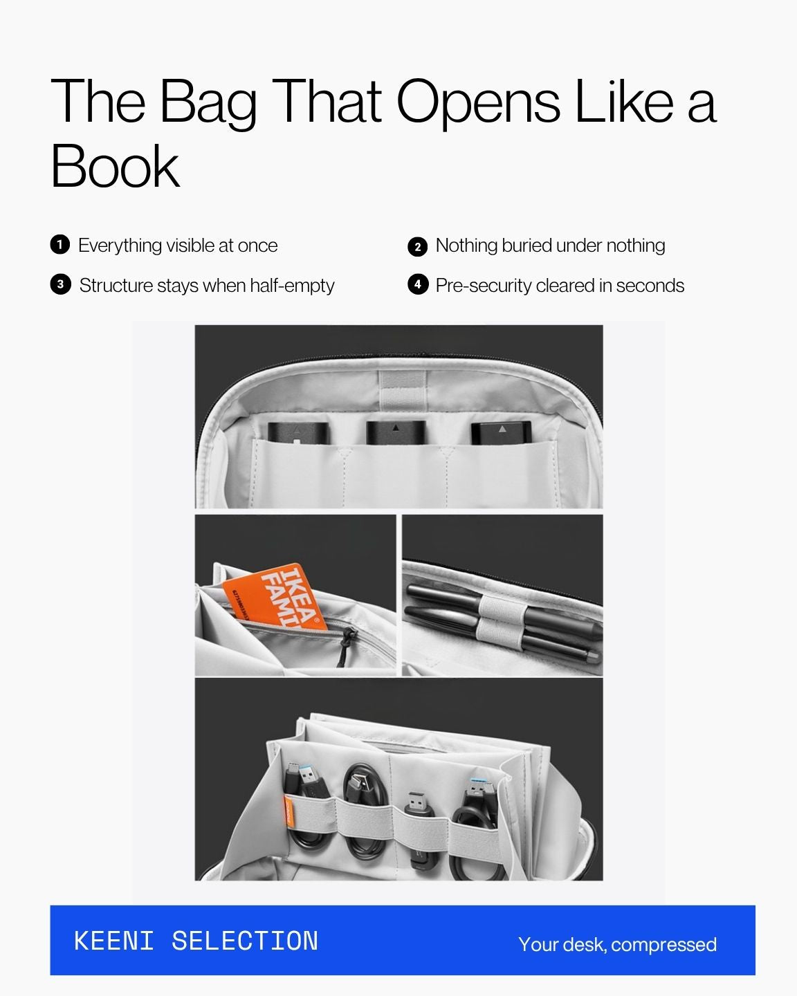 Keenii carry organizer book style opening showing organized travel essentials
