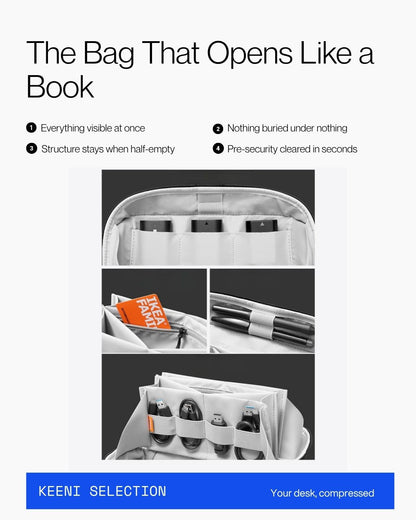 Keenii carry organizer book style opening showing organized travel essentials