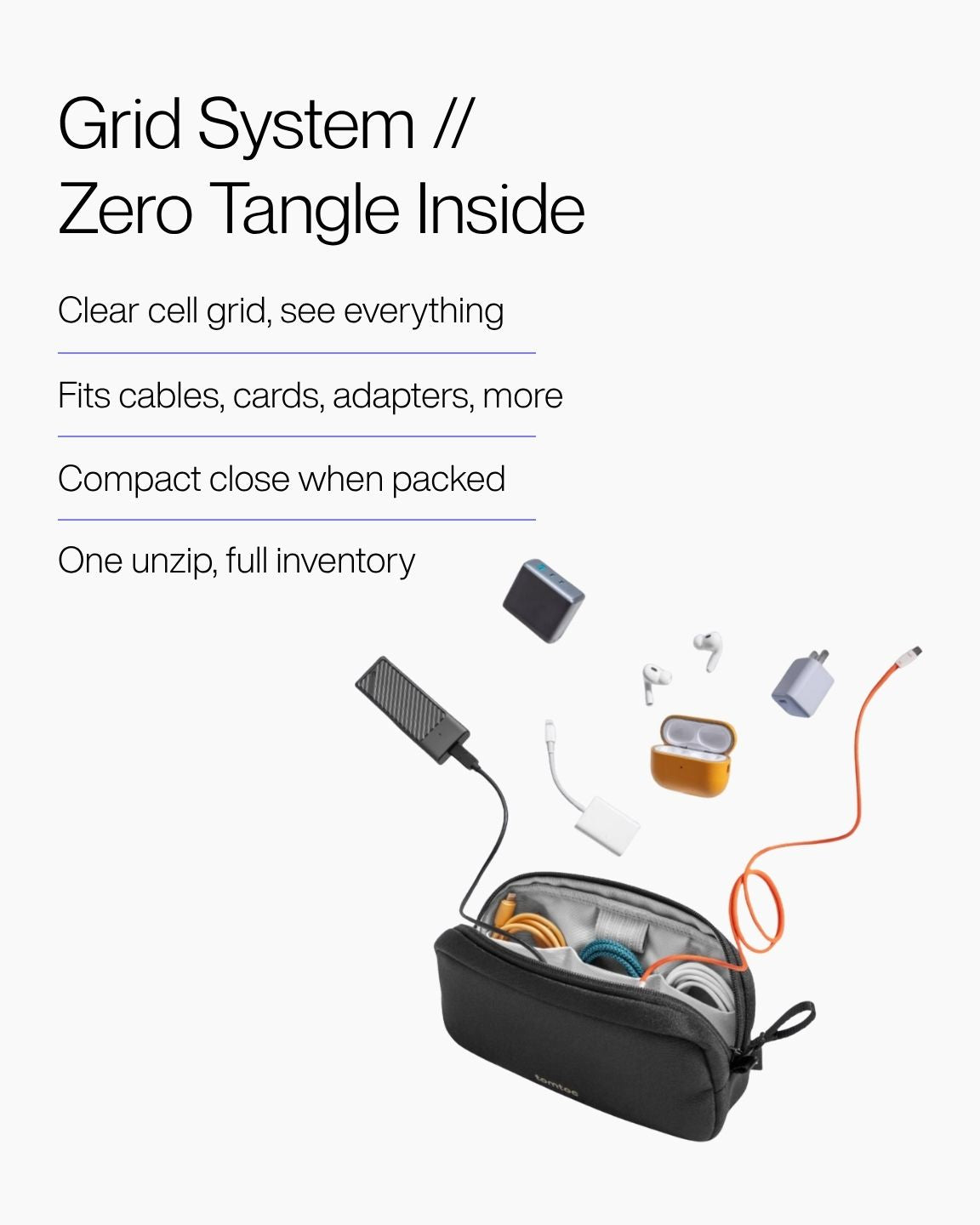 Keenii carry organizer clear cell grid with compact cable storage