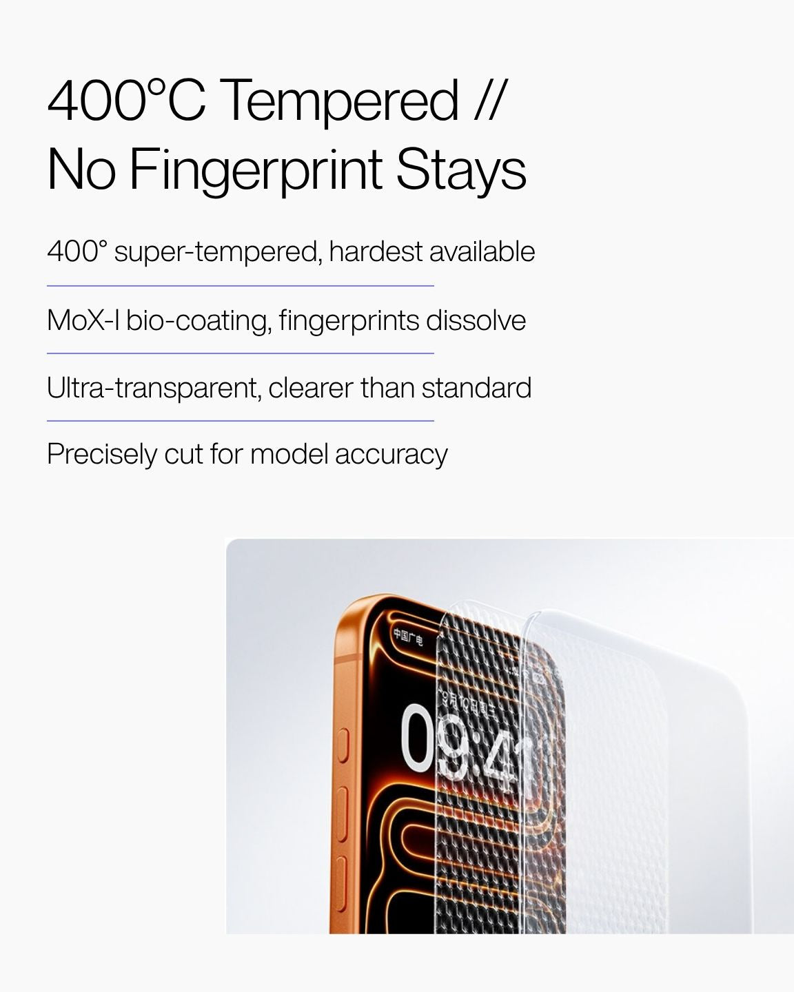 Keenii screen protector detail view with tempered glass and fingerprint coating