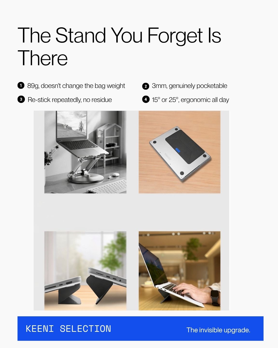 Keenii laptop stand feature view showing portable dual angle support