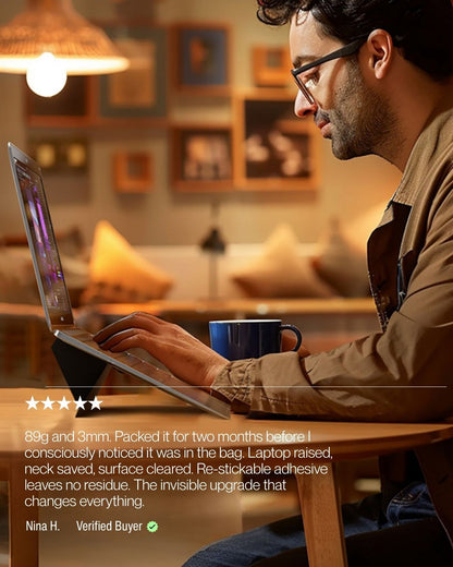 Keenii laptop stand lifestyle review scene for everyday desk and bag use